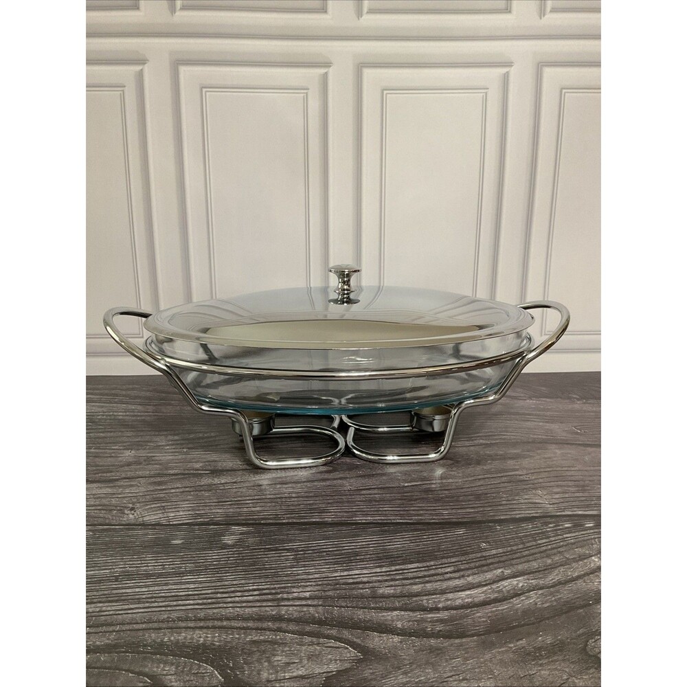 MARINEX Glass Serving Dish With Stainless Holder & Lid 17”L x 10.25”W x 7”T